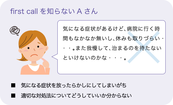 first callを知らないAさん「気になる症状があるけど、病院に行く時間もなかなか無いし、気軽に休みも取りづらい・・・。また我慢して、収まるのを待たないといけないのかな・・・。」■  気になる症状を放ったらかしにしてしまいがち■  適切な対処法についてどうしていいか分からない